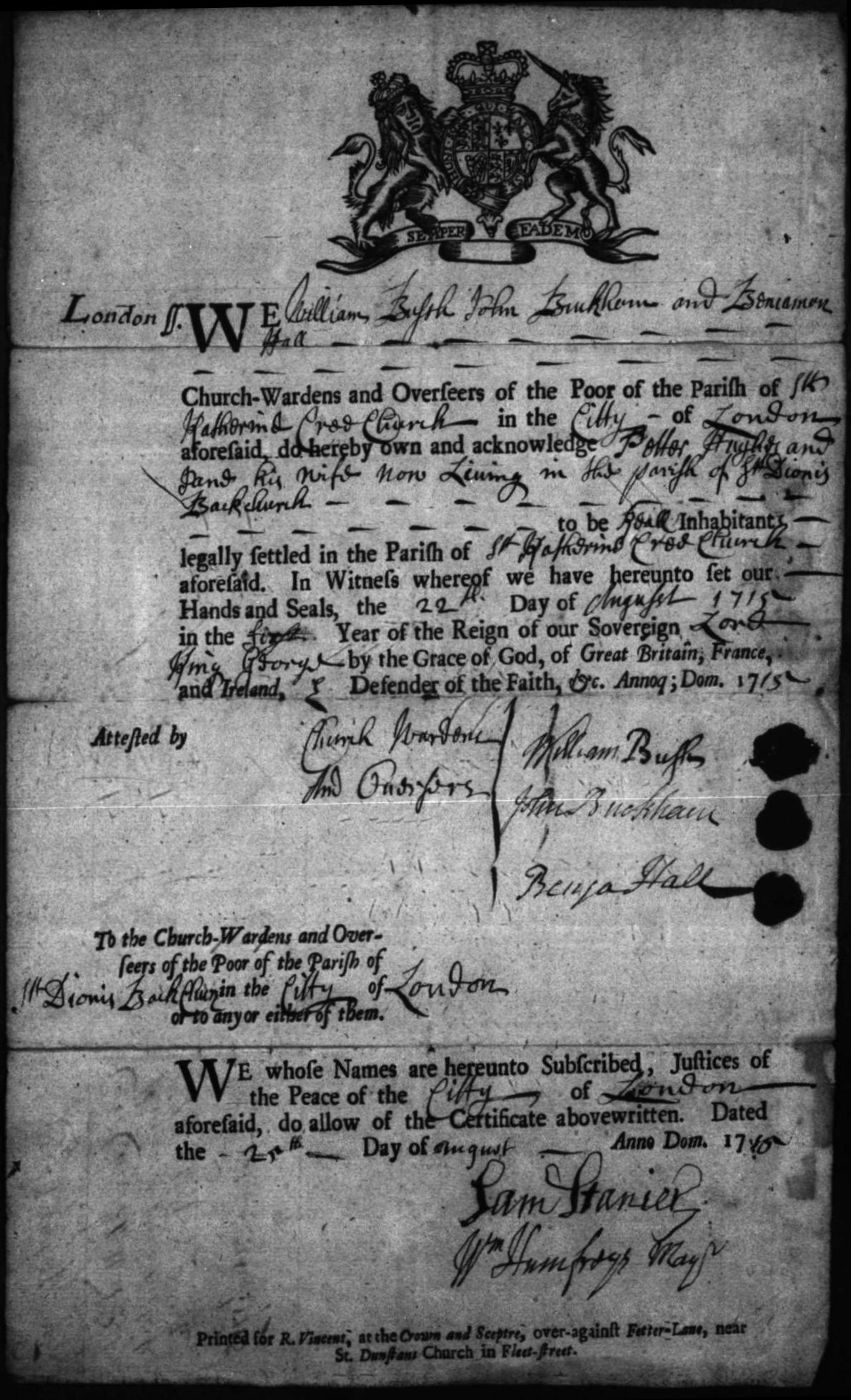 Figure 2.4 Printed settlement certificate filled out on behalf of Petter and Jane Hughes, 22 August 1715. [LL, St Dionis Backchurch Parish: Churchwardens Vouchers/Receipts, 28 March 1683 -- 15 October 1729 (GLDBPP307010160)](http://www.londonlives.org/browse.jsp?div=GLDBPP307010160).