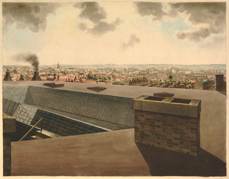 Part of Robert Barker's panorama of London from the roof of the Albion Mills, south side of Blackfriars bridge, looking over the windows of the roof to houses, steeples and factories beyond, the countryside on the horizon, a smoking chinmey at left.
