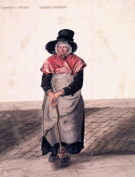 An older woman stands with her hand held out in a begging, with a broom under her arm.  The words Fleet Street and Newgate Street can be seen above her head.