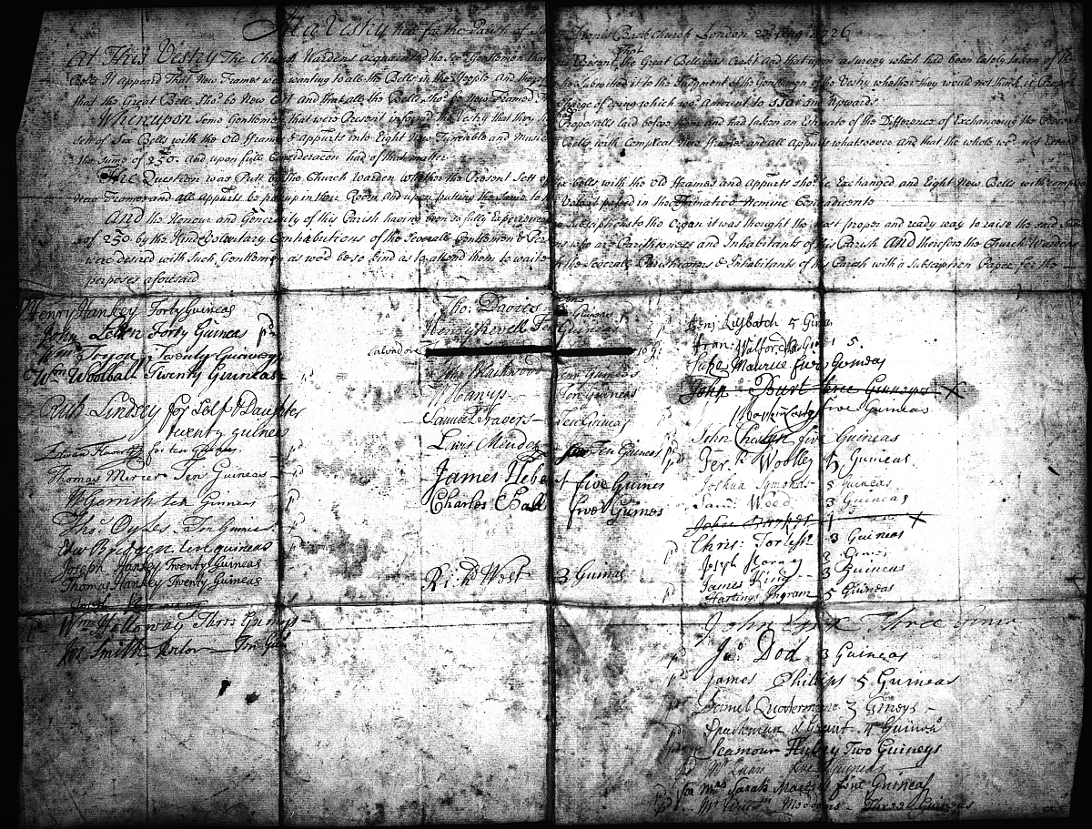 A large parchment showing signs of having been folded several times, with a heading across the top and a list of names below