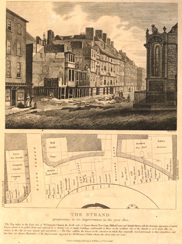A view of the Strand prior to improvements planned for 1811.  A schematic map below shows the shops, with their owners' names and functions, prior to demolition.