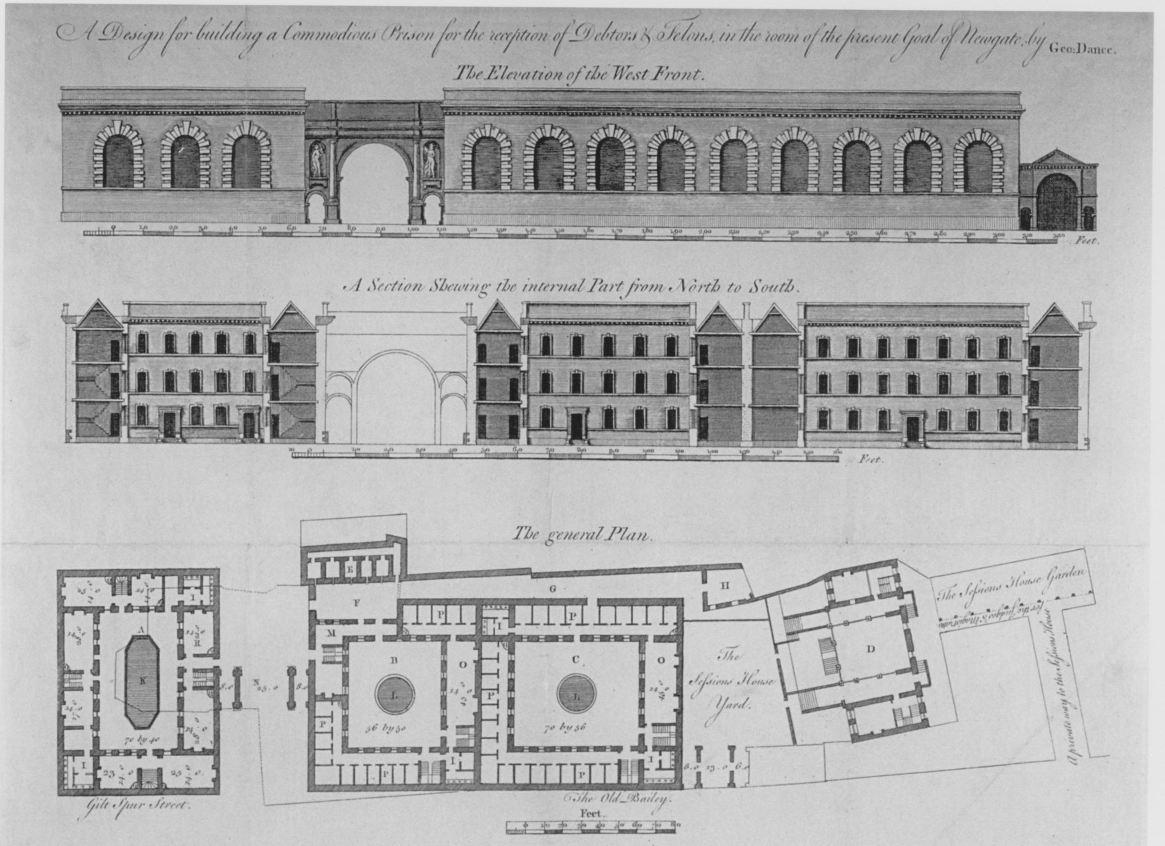 The front elevation of a long stone built prison, with a plan of the interior laid out below