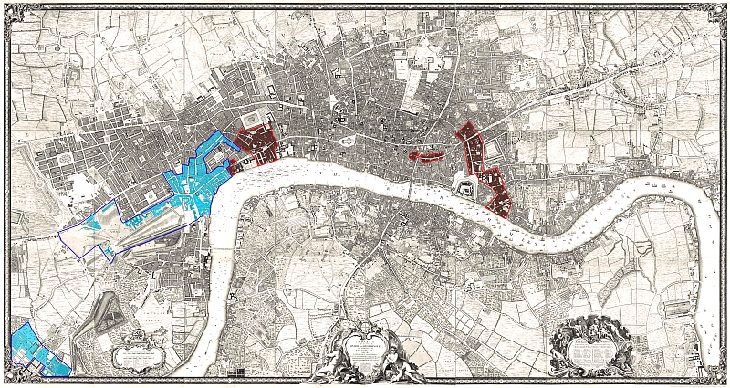 The parishes from West to East, of St Clement Danes, St Dionis Backchurch and St Botolph Aldgate in dark red.  The parishes of St Martin in the Fields and St Luke Chelsea are marked out in blue
