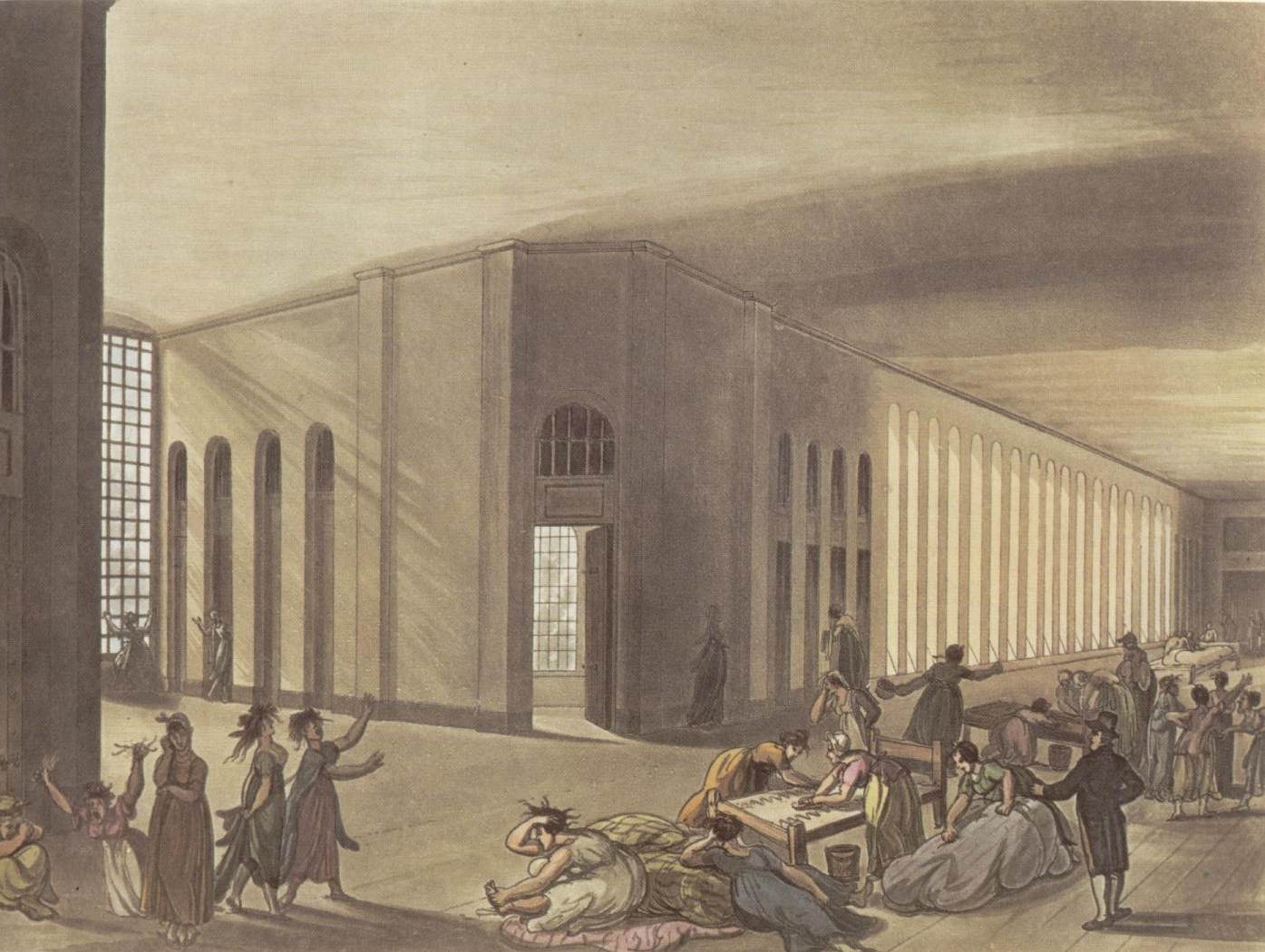 A large room lit from windows on the left.  Several female figures in the foreground can be seen waving their arms and pulling their hair - signs of mental illness.  A male figure in a frock coat can be seen on the right