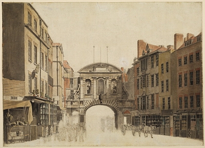 A partially completed watercolour view of Temple Bar, looking eastward