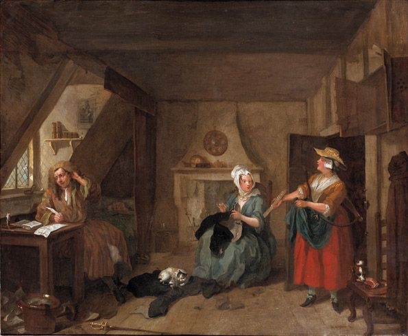 A poet in a nightgown, sits beneath a window, scratching his head, while his wife mends an old jacket, and his landlady stands at the door demanding money due