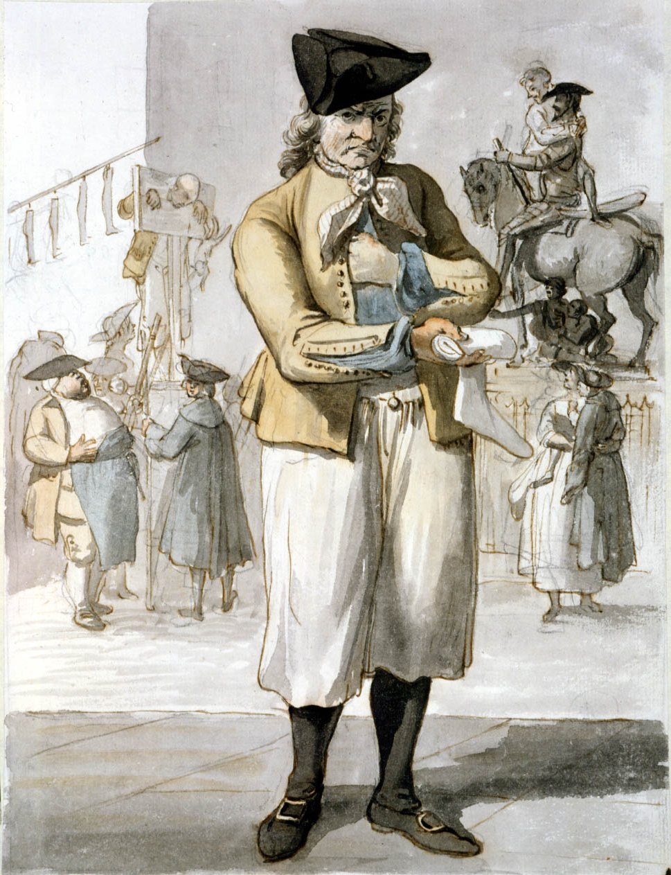 A man in white breeches, proffering a pair of socks with one hand looks straight at the viewer.  An equestrian statue and a man in the pillory can be seen in the background
