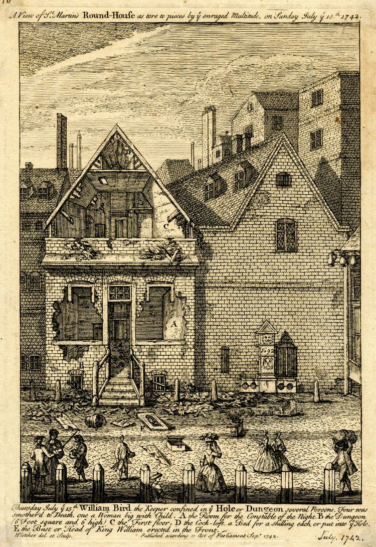Figure 4.5: [Henry Fletcher, A View of St Martin's Round-House ('as tore to pieces by the enraged Multitude') (1742)](http://www.britishmuseum.org/research/collection_online/collection_object_details.aspx?assetId=1361703001&objectId=3377488&partId=1). © Trustees of the British Museum.