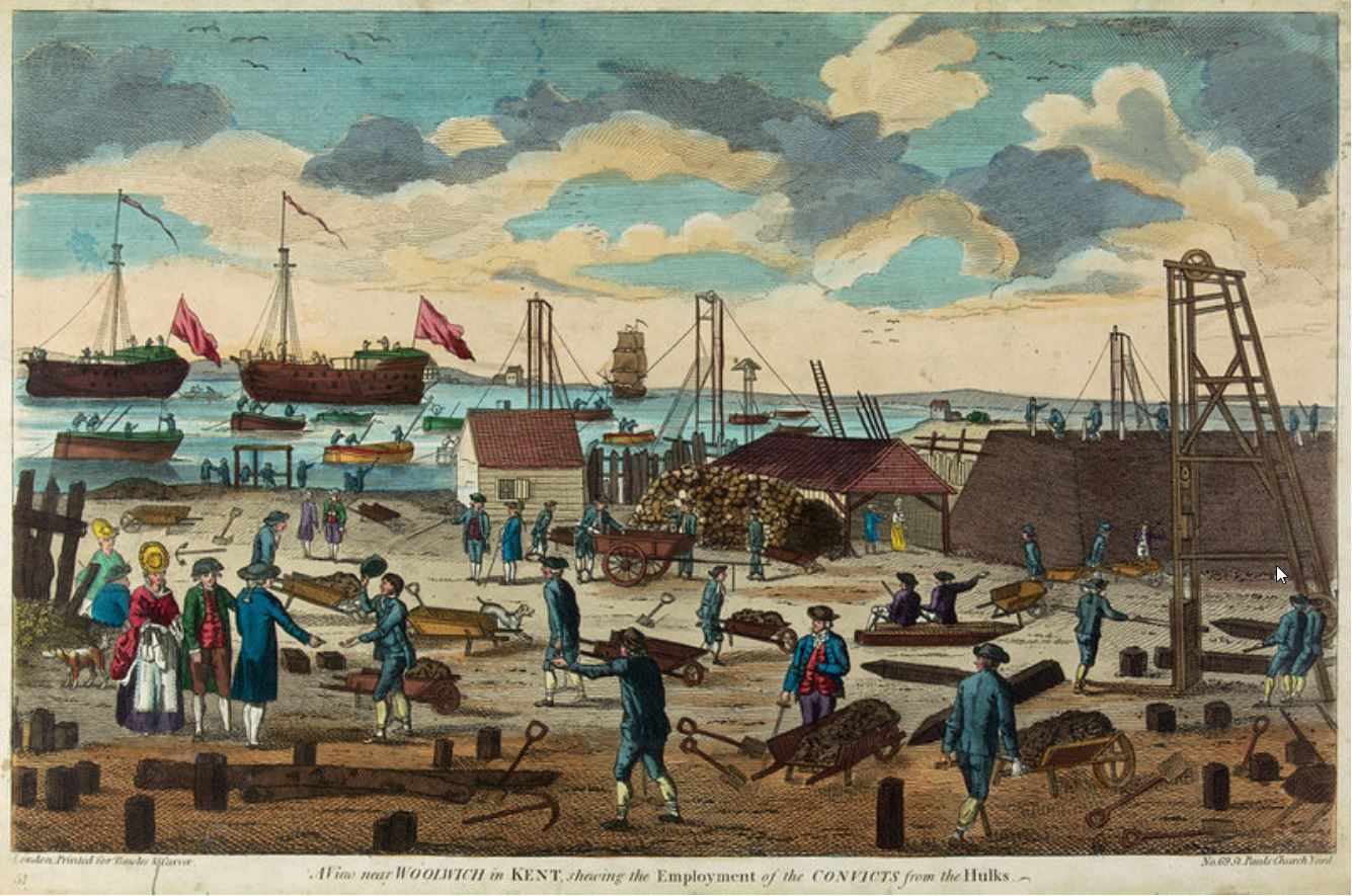 Figure 7.1: [Carver & Bowles (publishers), 'A view near Woolwich in Kent, shewing the Employment of the convicts from the Hulks' (1779). NMG PAJ0774](http://collections.rmg.co.uk/collections/objects/247106.html). © Trustees of the National Maritime Museum at Greenwich.