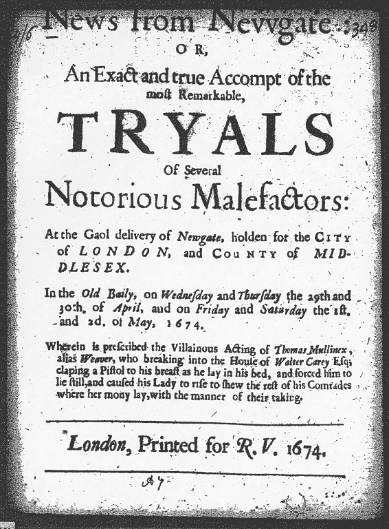 The title page of the first known copy of the Proceedings, reflecting trials that took place in April and May, 1674
