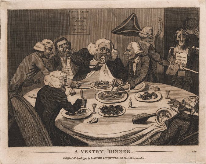 A group of vestrymen enjoy an extensive meal while a starving man in rags stands at the door, holding a sign saying - Spare me a bit your worships