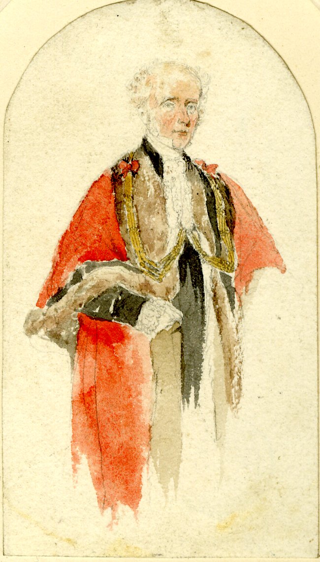 A half length study of a bald man wearing a red aldermanic gown. A half length study of a bald man wearing a red aldermanic gown.