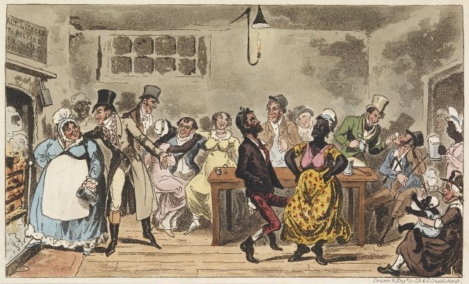 Customers in a low ale house sit around the edges of a sordid room.  A couple in the centre are dancing, the women is black and wearing a yellow dress, while the man appears to be doing a jig, his hands in his pockets.