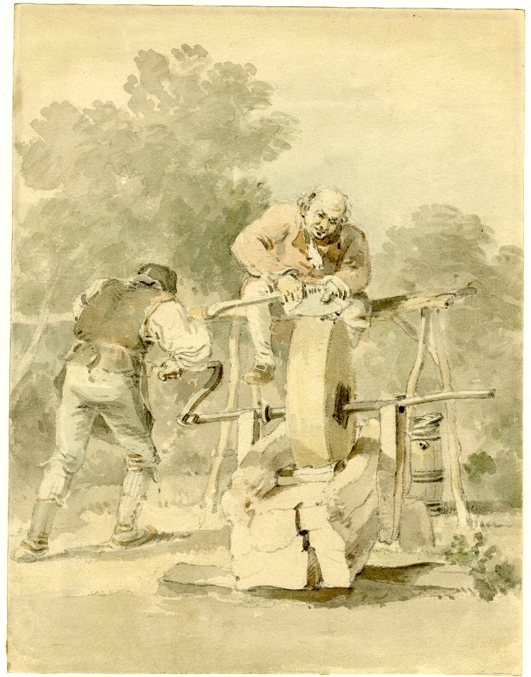 Two axe-grinders working; one seated on a high trestle, sharpening an axe on a large stone wheel, which is being turned by another man using a crank