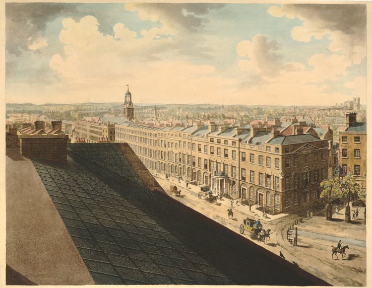 A part of a panoramic view of London from the roof of the Albion Mills, at the south side of Blackfriars Bridge; looking down into a residential street with coaches, the lantern of a tower above at left and countryside beyond