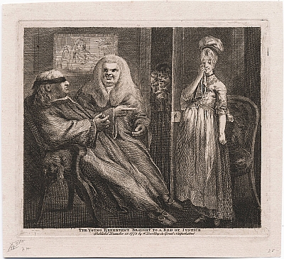 A large blind man, Sir John Fielding, sits in a chair on the left, while another large man in a wig appears to be explaining the situation to the first.  On the right an obviously pregnant woman stands dabbing her eye with a handkerchief.  Two further faces can be seen peering in at the partially open door behind her.