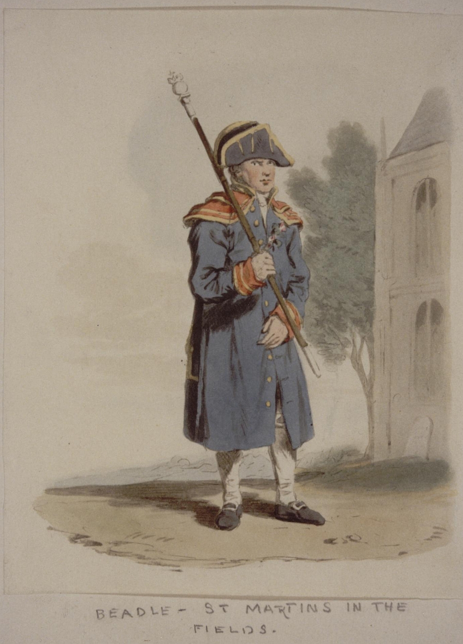 A full length image of a man in a long blue coat, with red collar and cuffs.  He has a staff of office in one hand