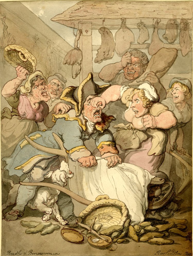 A Beadle and a barrow woman fight in a market place.  In the centre of the scene the Beadle is being attacked by women from left and right, with a woman to the right grabbing his nose, as he cries out in pain.
