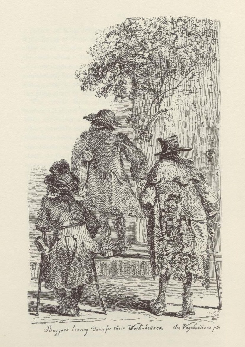 An image of three disabled men in rags walking away from the viewer