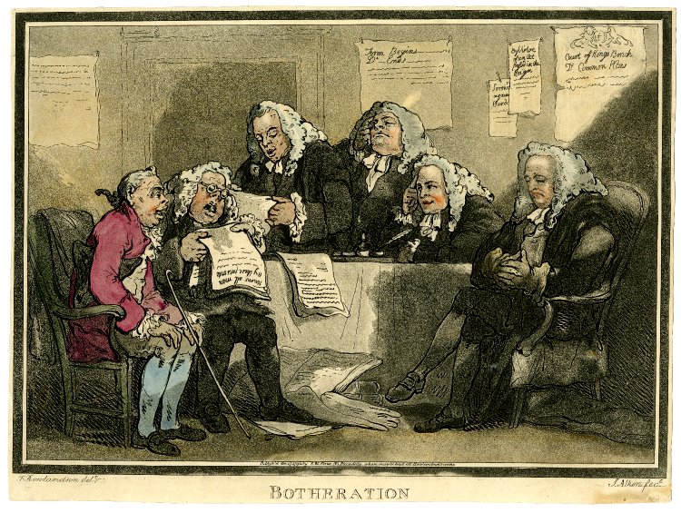 Five barristers are sitting  round an oblong table; all wear large tie-wigs. The client sits in an arm-chair (left), listening with  stupidly eager expression.  On the wall are pinned legal notices entitled, among other things: Court of Kings Bench. 