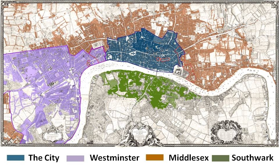 The main urban areas included within the City of London, Westminster, Middlesex and Southwark.