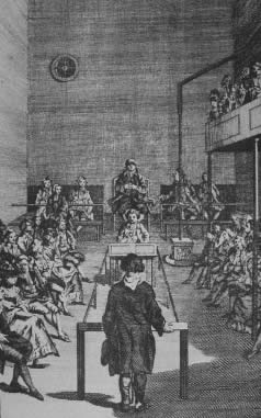 View of the public office, Bow Street, with Sir John Fielding presiding and a prisoner under examination.  The accused is in the foreground facing a court clerk and Fielding is at the other end of the room.  Fielding, who was blind, has a blindfold on.  Spectators line both sides of the room.  1779