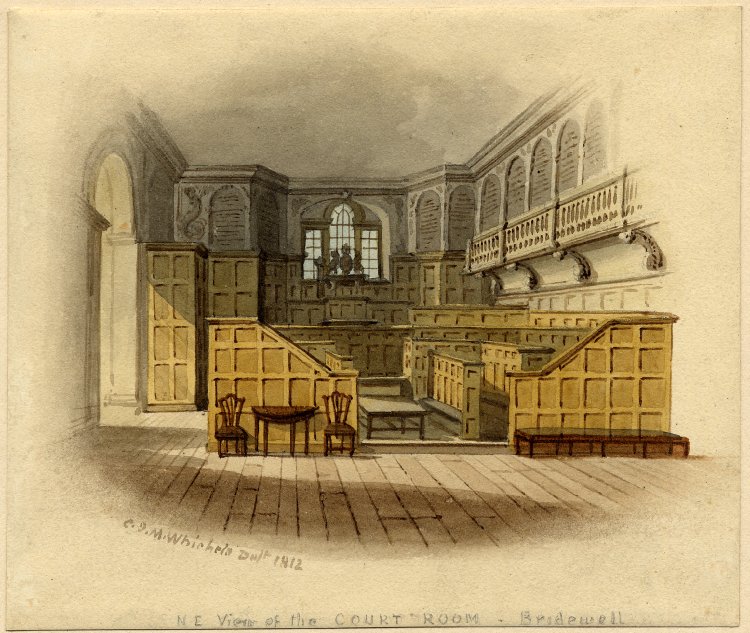 The Court Room, Bridewell; interior of the room looking towards the bench.