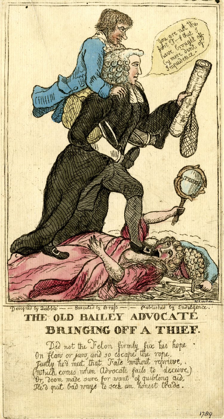 A barrister in wig, gown, and bands, can be seen in profile, walking from left to right.  He is trampling on the prostrate body of Truth. A felon in leg-irons is on his shoulders.