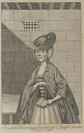 A portrait of Elizabeth Brownrigg in prison prior to execution, a book open in her left hand