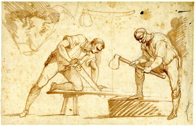 Studies of two carpenters: a man sawing a plank, his knee resting on the wood, and a man using a hatchet