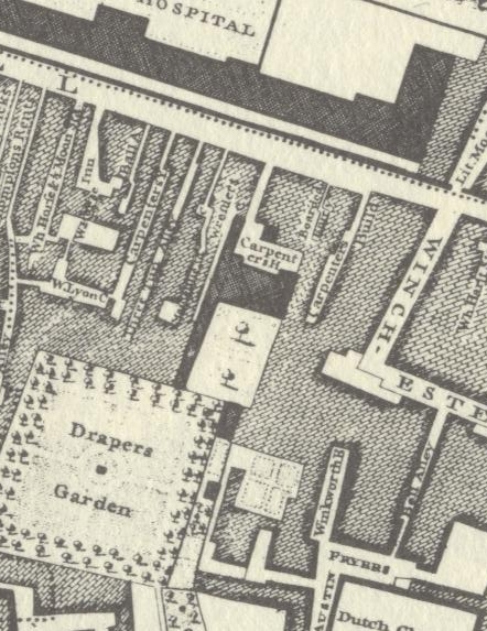 A selection from John Rocque's 1747 map of London, showing Carpenters' Hall, just south of London Wall.