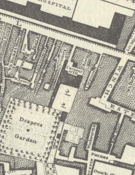 A selection from John Rocque's 1747 map of London, showing Carpenters' Hall, just south of London Wall. A selection from John Rocque's 1747 map of London, showing Carpenters' Hall, just south of London Wall.
