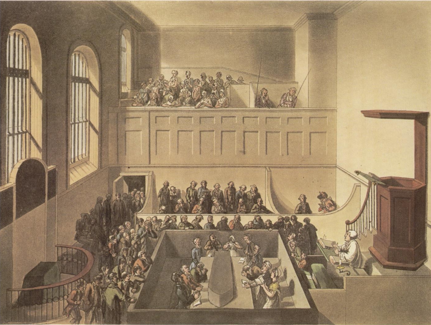 The interior of the chapel at Newgate Prison.  Prisoners awaiting execution can be seen praying around a coffin in the middle of the room.  The Ordinary of Newgate in a white surplice can be seen on the right giving a sermon, while other prisoners and visitors can be seen in the gallery at the back and entering from a door on the left.