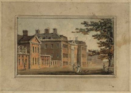 the north front of chelsea Hospital, with a couple in the foreground