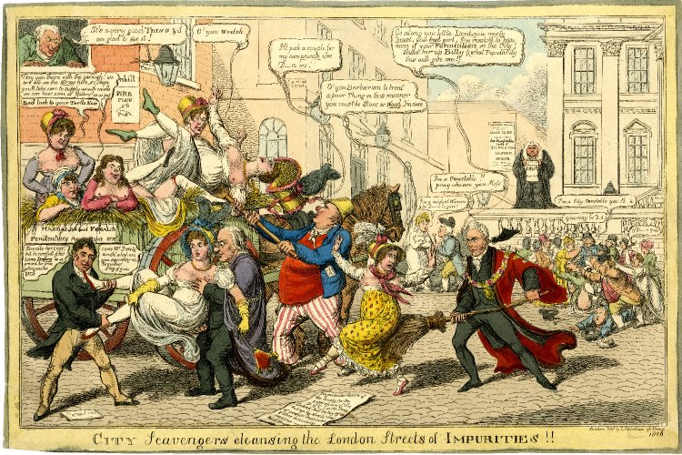 The Lord Mayor and others are forcibly removing prostitutes from the streets of the City. On the left is a cart, inscribed 'Magdalen and Female Penitentiary Asylum 1816' and filled with straw, into which women are being pitched