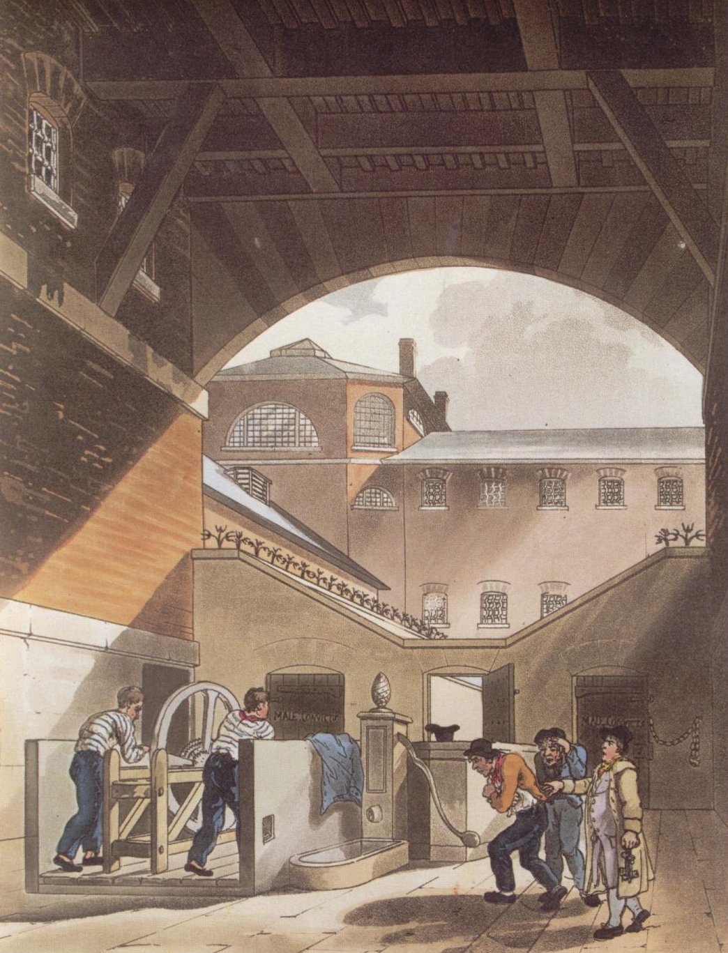 A prison courtyard. Two prisoners in striped uniforms can be seen turning a large engine, while two further men, incoming prisoners in street clothes, are directed towards a water pump by a man with a bunch of keys in one hand. A prison courtyard. Two prisoners in striped uniforms can be seen turning a large engine, while two further men, incoming prisoners in street clothes, are directed towards a water pump by a man with a bunch of keys in one hand.