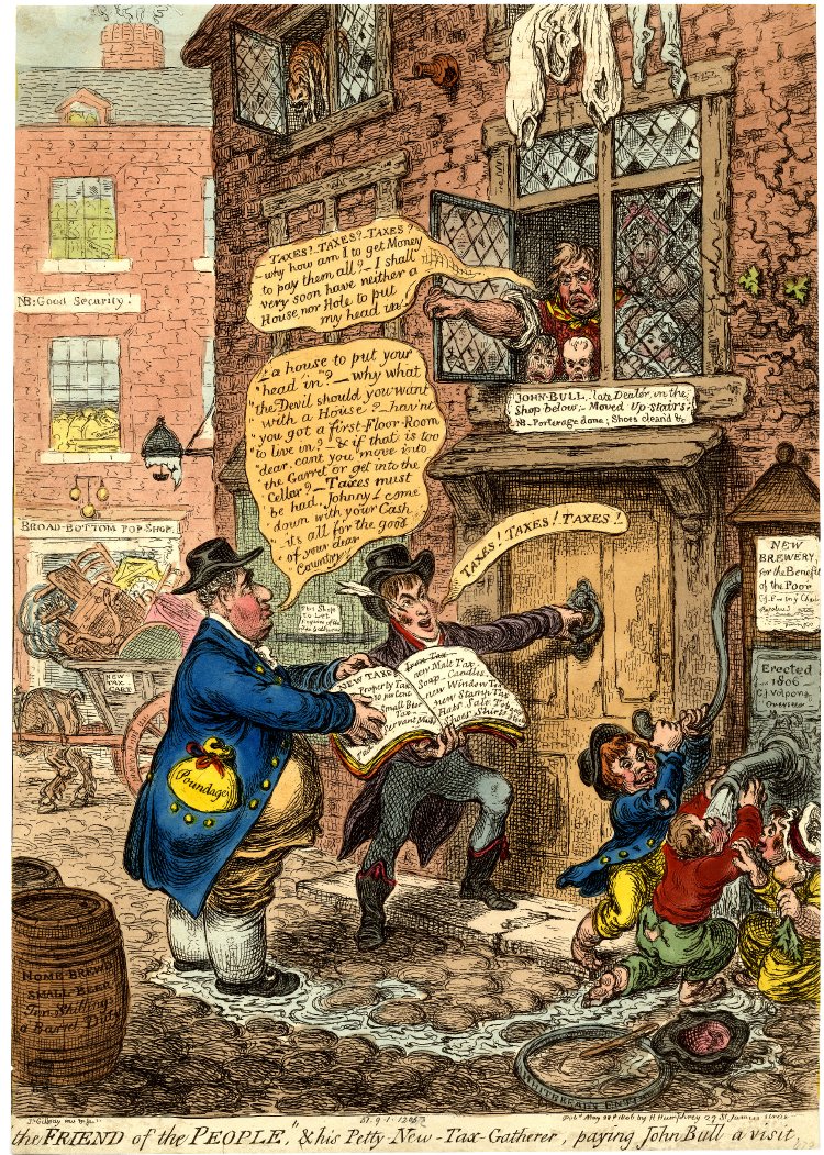 A satirical print depicting Charles James Fox and Lord Henry Petty knocking at John Bull's door, the rate book open in Fox's hands, and a pawnshop visible in the background