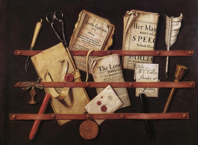 A noticeboard with a range of pamphlets, newspapers, and writing instruments on a black background, held in place with red leather cross strapping