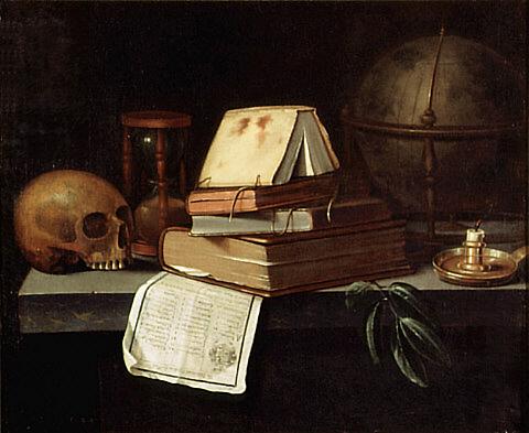 A vanitas scene featuring a skull, books, candles, candle holders, documents and a sand glass