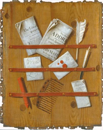 A Trompe l'Oeil painting of a wooden notice board with a variety of documents, writing implements and a comb held by red leather straps.