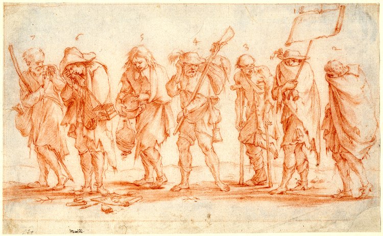 A line of seven lame and poor men, including one on crutches and another holding up a banner.  Drawn in red chalk