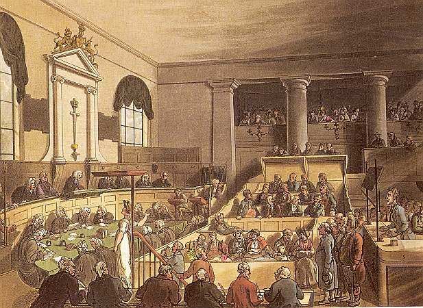 A trial scene from the Old Bailey.  A man gives evidence from the dock on the right; the jury can be seen against the back wall, whle the judges sit on the left.  A woman in white is standing in the middle of the court, and a group of clerks and lawyers can be seen sitting at the table in the middle of the court.