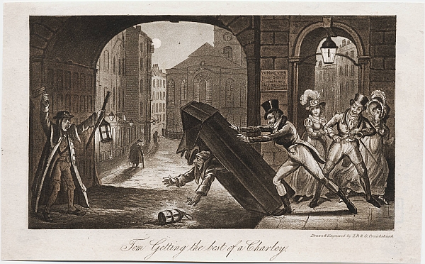 A watchman is in thrown into confusion when his watch box at Temple Bar is pushed over by a group of elite men.  The clock on St Clement Danes' church reads 6:15 AM