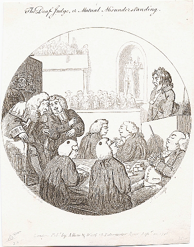 A courtroom scene, with a judge on the left, leaning over to have the evidence explained to him by a barrister.  Several officers of the court are talking at a round table in the middle of the picture, and a witness on the right, his hat under his arm, is talking.  The jury can be seen at the back of the room.