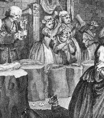 Three women, one young and thin, and the other two larger and older, can be seen beating hemp in Bridewell.  A well-dressed male figure, wearing a wig, is working next to them.  A broken playing card lies on the ground.