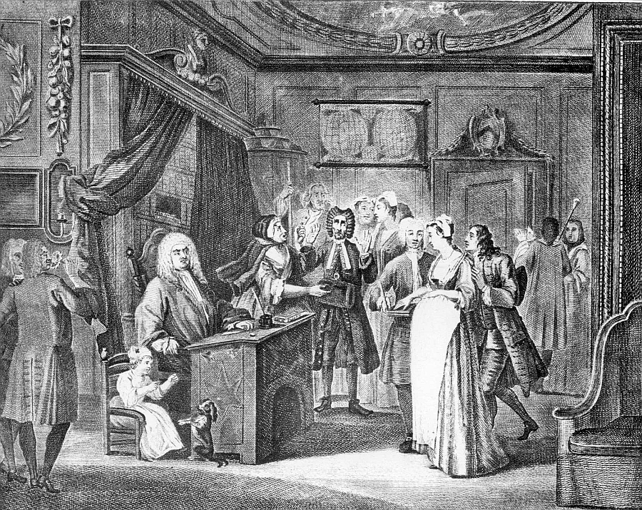 A pregnant woman stands before a JP sitting behind a desk, a small child playing with a dog by his side.  Several men and women, one of whom is carrying a Beadle's staff, are pictured behind