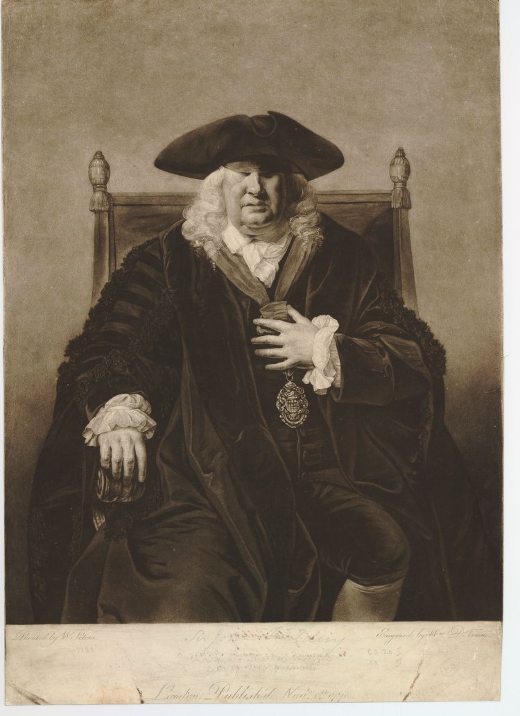 A three-quarter length protrait of a large man, sitting, directed and facing towards the front, attired in wig, gown, collar and badge.  His right hand is resting on his chair and left hand on his breast.  His  eyes are obscured by large hat.