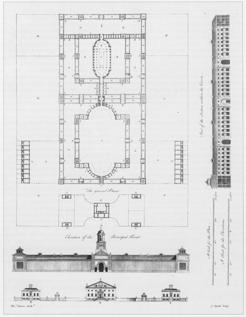 A plan for a large combined workhouse and house of correction, to be built around two courtyards.  The plan includes side and front views