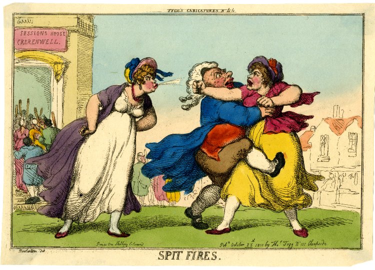 A scene on Clerkenwell Green, outside the 'Sessions House Crerenwell' [sic], whose door is on the extreme left. Two termagants face each other in the foreground; one spits at her enemy, arms akimbo, while the other tries to use her fists but is held back by an elderly man who grasps her around the waist and kicks her, losing his tie-wig.