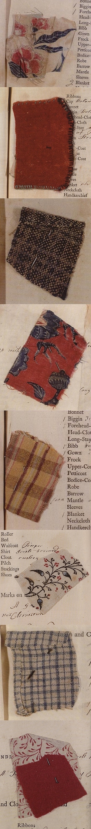 A selection of fragments of cloth left with children given to the Foundling Hospital
